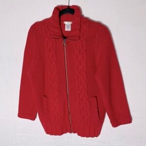 Women’s Red Wool Blend Cable Knit Zip Front Cardigan L